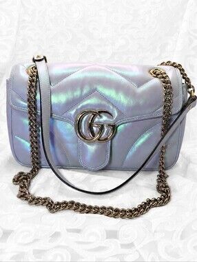 Gucci GG Marmont Small Matelasse Iridescent Metallic White Pearl Crossbody Bag